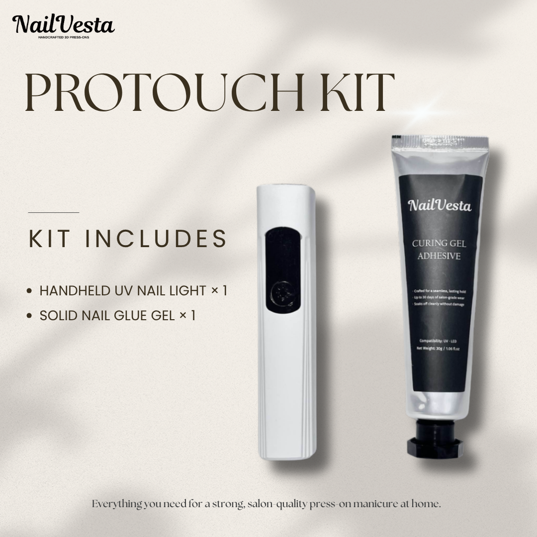 NailVesta ProTouch Kit – Solid Nail Glue Gel Kit & Press-On Nail Adhesive Handheld UV Light